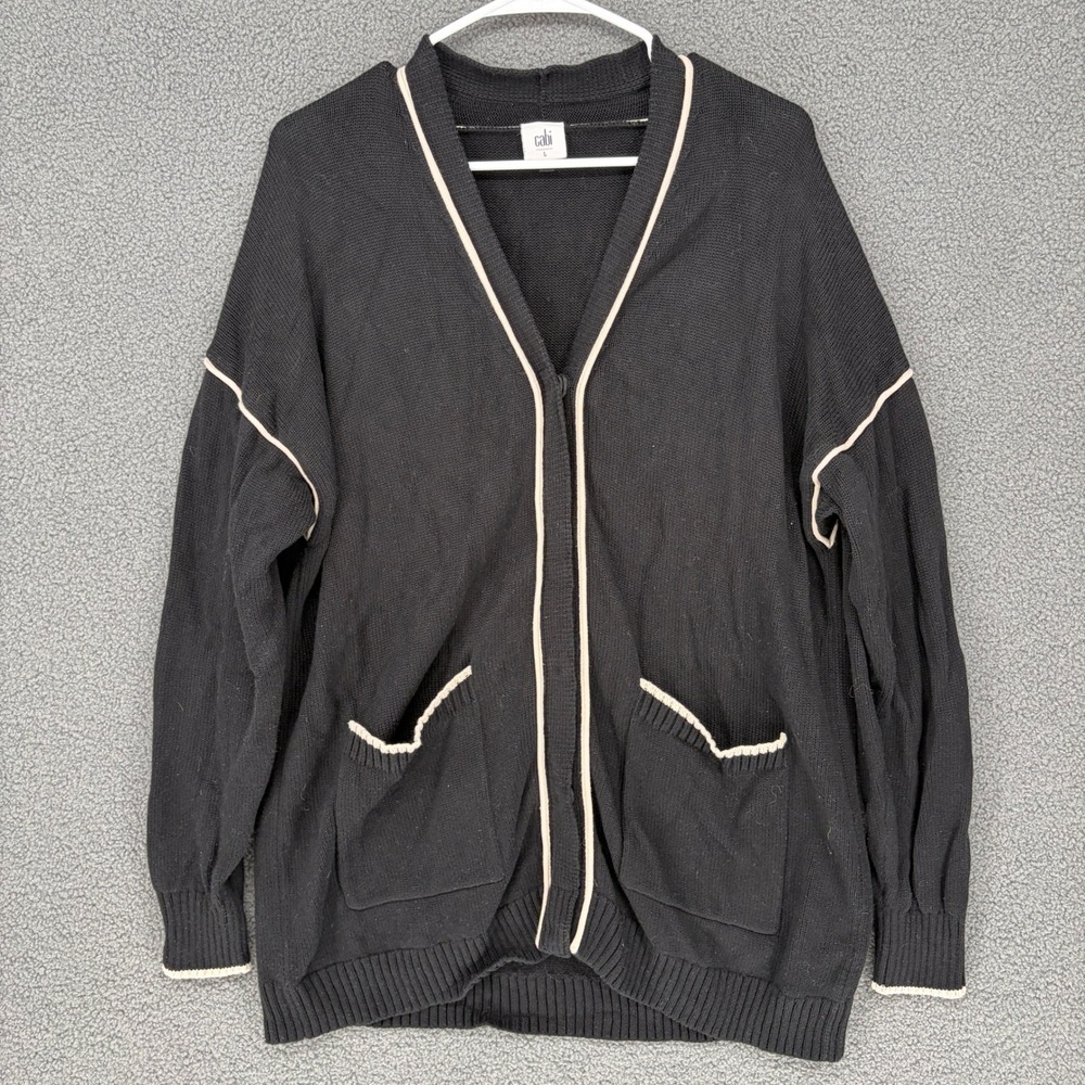 Cabi 5633 Varsity Cardigan Black Cream Piping Cotton Blend Sweater Womens L